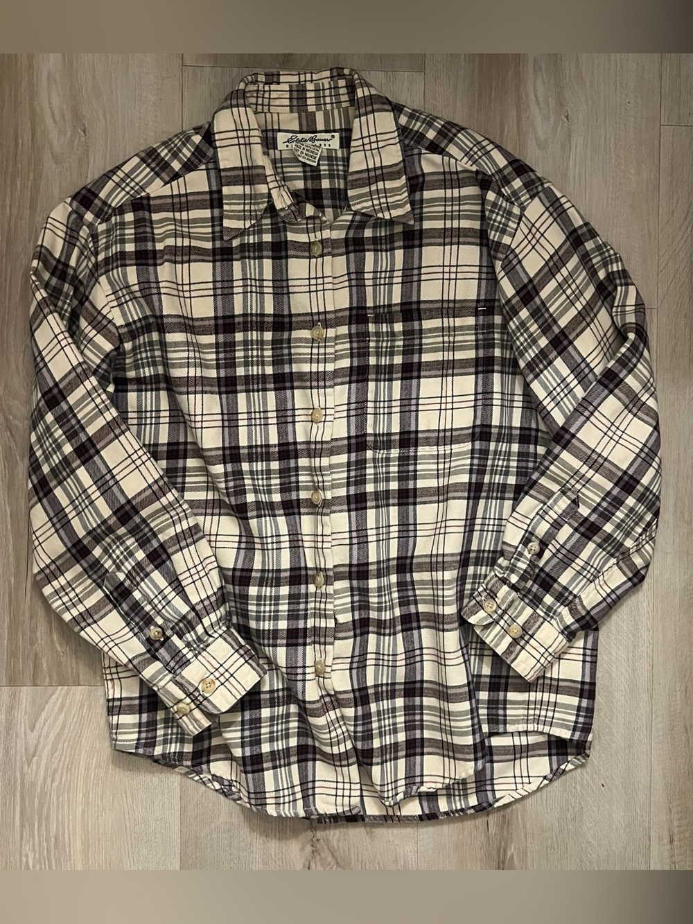 Eddie Bauer Plaid Button-Down Shirt in Cream and Brown